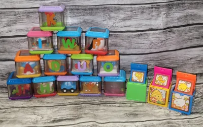 Fisher Price Peek A Block Toys and 3 Mattel Pop Up Blocks